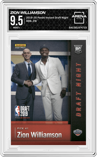 Zion Williamson from the 2019-20 Panini Instant NBA Draft Night set graded by Arena Club and given an overall grade of 9.5.