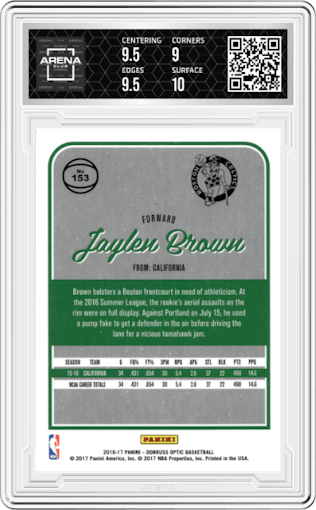 Jaylen Brown from the 2016-17 Panini Donruss Optic set graded by Arena Club and given an overall grade of 9.5.