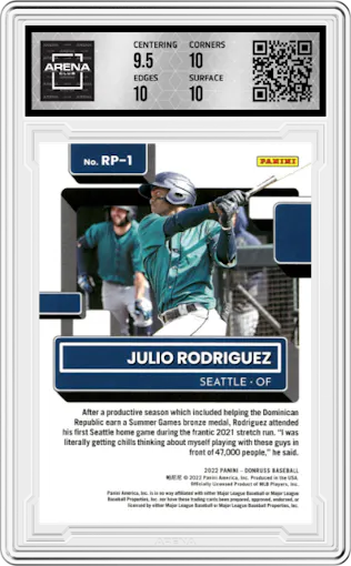 Julio Rodriguez from the 2022 Panini Donruss set graded by Arena Club and given an overall grade of 10.