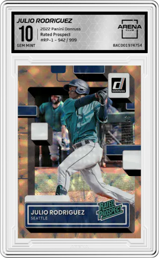 Julio Rodriguez from the 2022 Panini Donruss set graded by Arena Club and given an overall grade of 10.