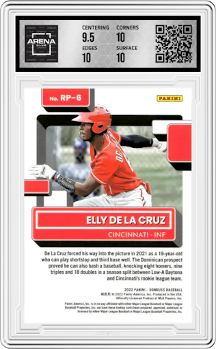 Elly De La Cruz from the 2022 Panini Donruss set graded by Arena Club and given an overall grade of 10.