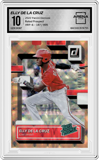 Elly De La Cruz from the 2022 Panini Donruss set graded by Arena Club and given an overall grade of 10.