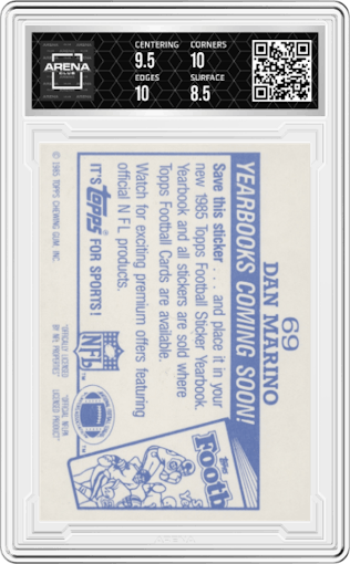 Dan Marino from the 1985 Topps set graded by Arena Club and given an overall grade of 9.