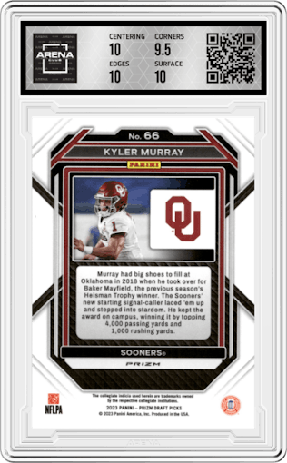 Kyler Murray from the 2023 Panini Prizm Draft Picks set featuring a Silver Prizm parallel graded by Arena Club and given an overall grade of 10.