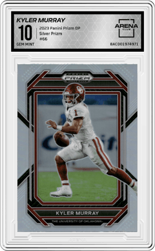 Kyler Murray from the 2023 Panini Prizm Draft Picks set featuring a Silver Prizm parallel graded by Arena Club and given an overall grade of 10.
