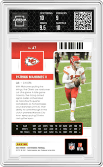 Patrick Mahomes II from the 2021 Panini Contenders   set graded by Arena Club and given an overall grade of 9.5.