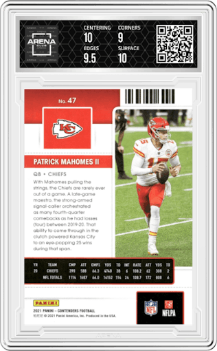 Patrick Mahomes II from the 2021 Panini Contenders   set graded by Arena Club and given an overall grade of 9.5.