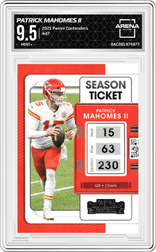 Patrick Mahomes II from the 2021 Panini Contenders   set graded by Arena Club and given an overall grade of 9.5.