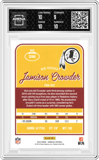 Jamison Crowder from the 2016 Panini Donruss  set graded by Arena Club and given an overall grade of 9.5.