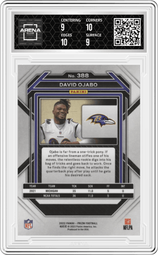 David Ojabo from the 2022 Panini Prizm set graded by Arena Club and given an overall grade of 9.5.