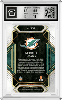 Gerrid Doaks from the 2021 Panini Select set featuring a Tri-Color parallel graded by Arena Club and given an overall grade of 10.