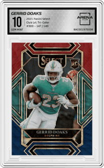 Gerrid Doaks from the 2021 Panini Select set featuring a Tri-Color parallel graded by Arena Club and given an overall grade of 10.
