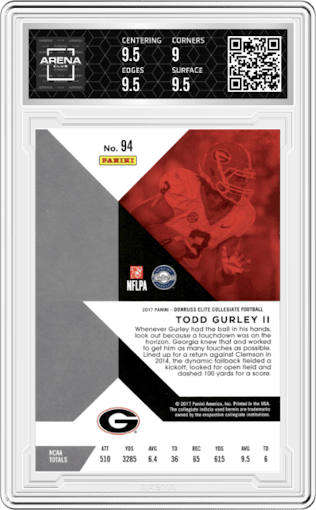 Todd Gurley II from the 2017 Panini Elite Draft Picks set graded by Arena Club and given an overall grade of 9.5.