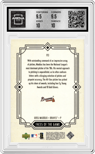 Greg Maddux from the 2000 Upper Deck set graded by Arena Club and given an overall grade of 10.