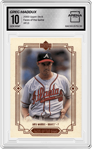 Greg Maddux from the 2000 Upper Deck set graded by Arena Club and given an overall grade of 10.
