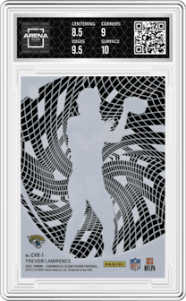 Trevor Lawrence from the 2021 Panini Chronicles set graded by Arena Club and given an overall grade of 9.