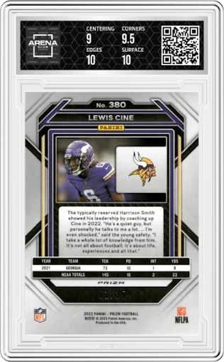 Lewis Cine from the 2022 Panini Prizm set featuring a Red Shimmer  parallel graded by Arena Club and given an overall grade of 9.5.