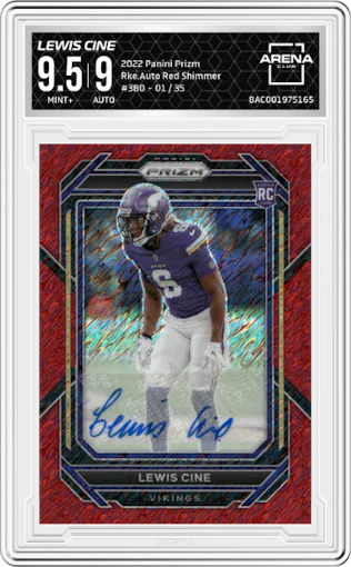 Lewis Cine from the 2022 Panini Prizm set featuring a Red Shimmer  parallel graded by Arena Club and given an overall grade of 9.5.