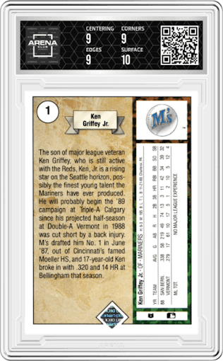 Ken Griffey Jr. from the 1989 Upper Deck set graded by Arena Club and given an overall grade of 9.5.