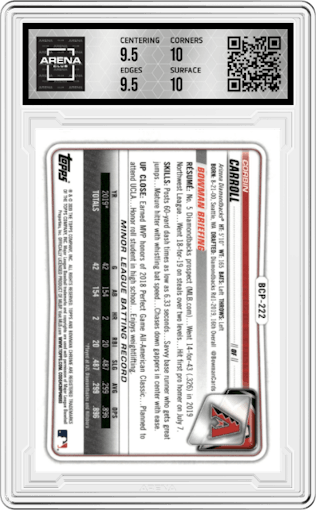 Corbin Carroll from the 2020 Bowman Chrome Mega Box set graded by Arena Club and given an overall grade of 10.