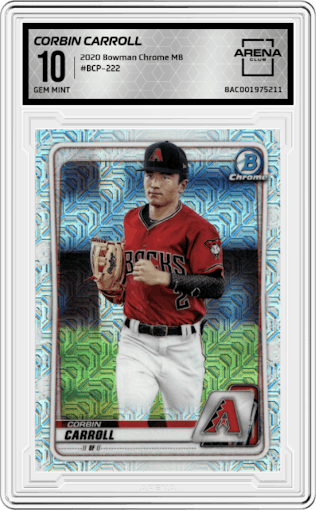 Corbin Carroll from the 2020 Bowman Chrome Mega Box set graded by Arena Club and given an overall grade of 10.