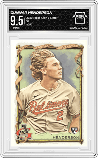 Gunnar Henderson from the 2023 Topps Allen & Ginter set graded by Arena Club and given an overall grade of 9.5.