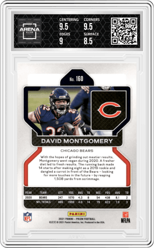 David Montgomery from the 2021 Panini Prizm set graded by Arena Club and given an overall grade of 9.