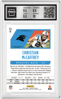 Christian McCaffrey from the 2021 Panini Phoenix set featuring a Fire Burst parallel graded by Arena Club and given an overall grade of 10.