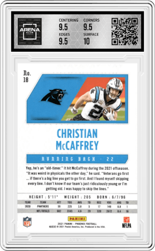 Christian McCaffrey from the 2021 Panini Phoenix set featuring a Fire Burst parallel graded by Arena Club and given an overall grade of 10.