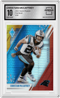 Christian McCaffrey from the 2021 Panini Phoenix set featuring a Fire Burst parallel graded by Arena Club and given an overall grade of 10.