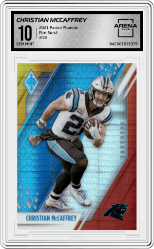 Christian McCaffrey from the 2021 Panini Phoenix set featuring a Fire Burst parallel graded by Arena Club and given an overall grade of 10.