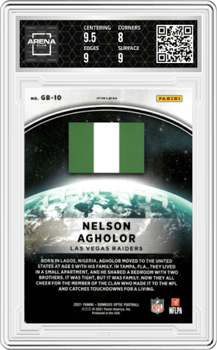 Nelson Agholor from the 2021 Panini Donruss Optic set graded by Arena Club and given an overall grade of 8.5.