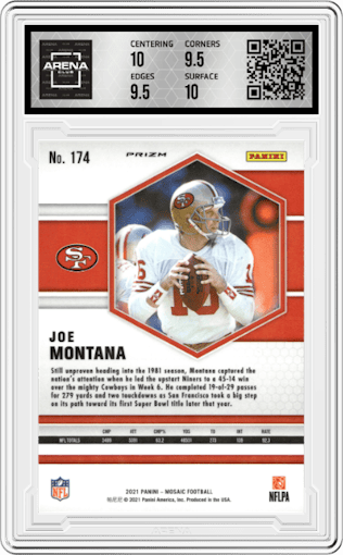Joe Montana from the 2021 Panini Mosaic set featuring a Reactive Yellow parallel graded by Arena Club and given an overall grade of 10.