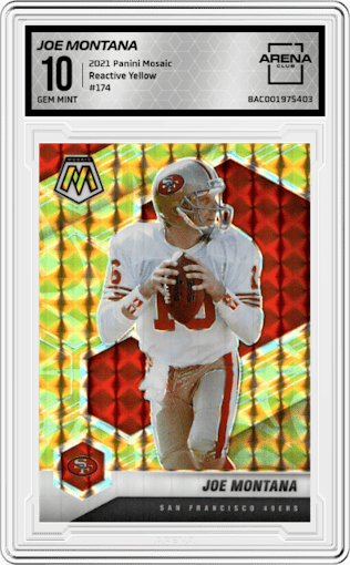 Joe Montana from the 2021 Panini Mosaic set featuring a Reactive Yellow parallel graded by Arena Club and given an overall grade of 10.