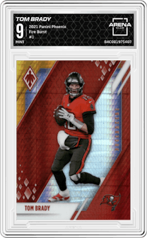 Tom Brady from the 2021 Panini Phoenix set featuring a Fire Burst parallel graded by Arena Club and given an overall grade of 9.