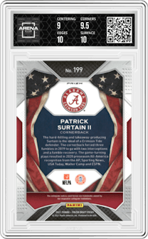 Patrick Surtain II from the 2021 Panini Prizm Draft Picks set featuring a Green Prizm parallel graded by Arena Club and given an overall grade of 9.5.