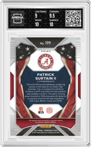 Patrick Surtain II from the 2021 Panini Prizm Draft Picks set featuring a Green Prizm parallel graded by Arena Club and given an overall grade of 9.5.
