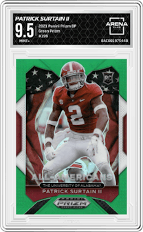 Patrick Surtain II from the 2021 Panini Prizm Draft Picks set featuring a Green Prizm parallel graded by Arena Club and given an overall grade of 9.5.