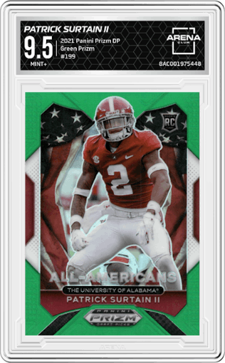 Patrick Surtain II from the 2021 Panini Prizm Draft Picks set featuring a Green Prizm parallel graded by Arena Club and given an overall grade of 9.5.