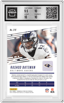 Rashod Bateman from the 2021 Panini Chronicles set graded by Arena Club and given an overall grade of 10.