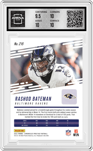 Rashod Bateman from the 2021 Panini Chronicles set graded by Arena Club and given an overall grade of 10.