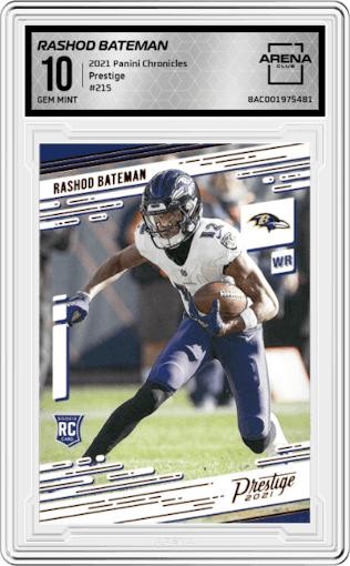 Rashod Bateman from the 2021 Panini Chronicles set graded by Arena Club and given an overall grade of 10.