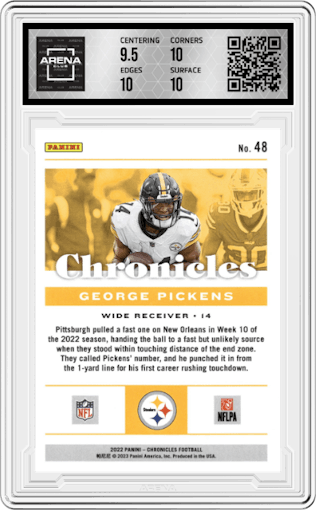  George Pickens from the 2022 Panini Chronicles set graded by Arena Club and given an overall grade of 10.