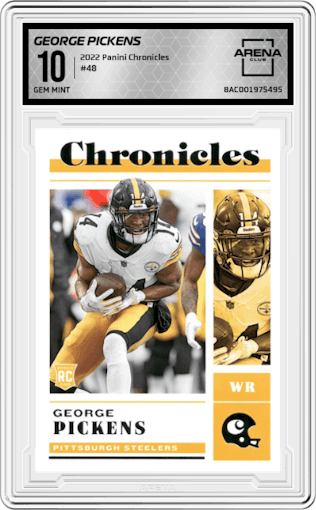  George Pickens from the 2022 Panini Chronicles set graded by Arena Club and given an overall grade of 10.