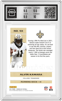 Alvin Kamara from the 2021 Panini Chronicles set featuring a Bronze parallel graded by Arena Club and given an overall grade of 10.