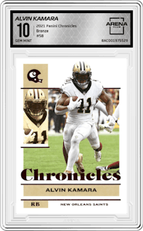 Alvin Kamara from the 2021 Panini Chronicles set featuring a Bronze parallel graded by Arena Club and given an overall grade of 10.