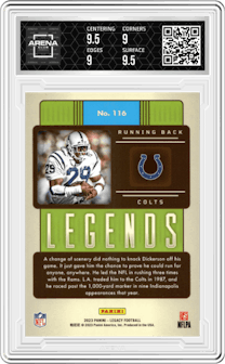 Eric Dickerson from the 2023 Panini Legacy set graded by Arena Club and given an overall grade of 9.5.
