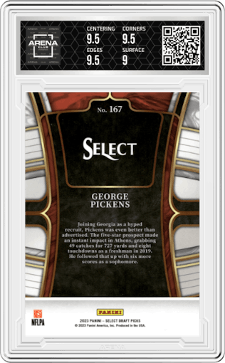 George Pickens  from the 2023 Panini Select Draft Picks set graded by Arena Club and given an overall grade of 9.5.