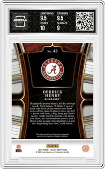 Derrick Henry from the 2023 Panini Select Draft Picks set graded by Arena Club and given an overall grade of 9.5.