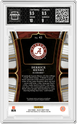 Derrick Henry from the 2023 Panini Select Draft Picks set graded by Arena Club and given an overall grade of 9.5.